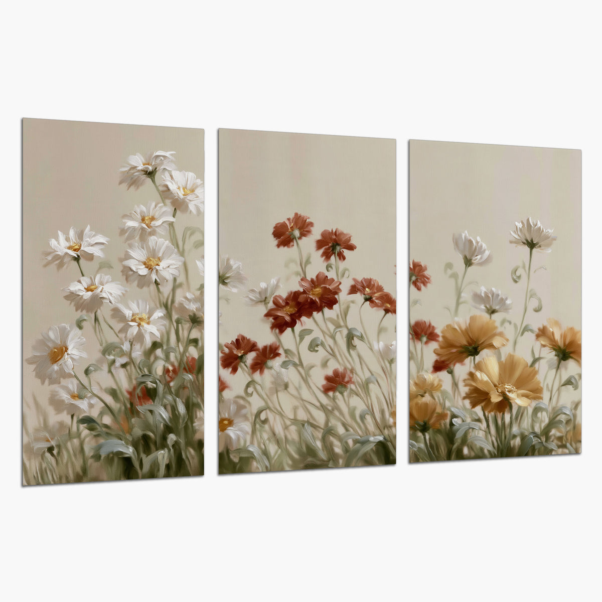 Loose ivory, rust and golden wildflowers on a soft neutral background set of 3 poster prints on a white background