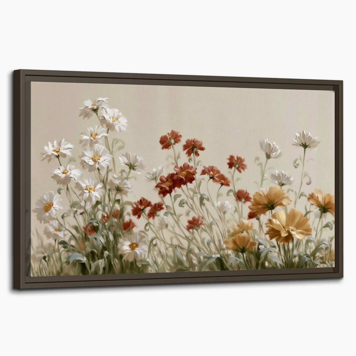 Loose ivory, rust and golden wildflowers on a soft neutral background single framed canvas wall art on a white background