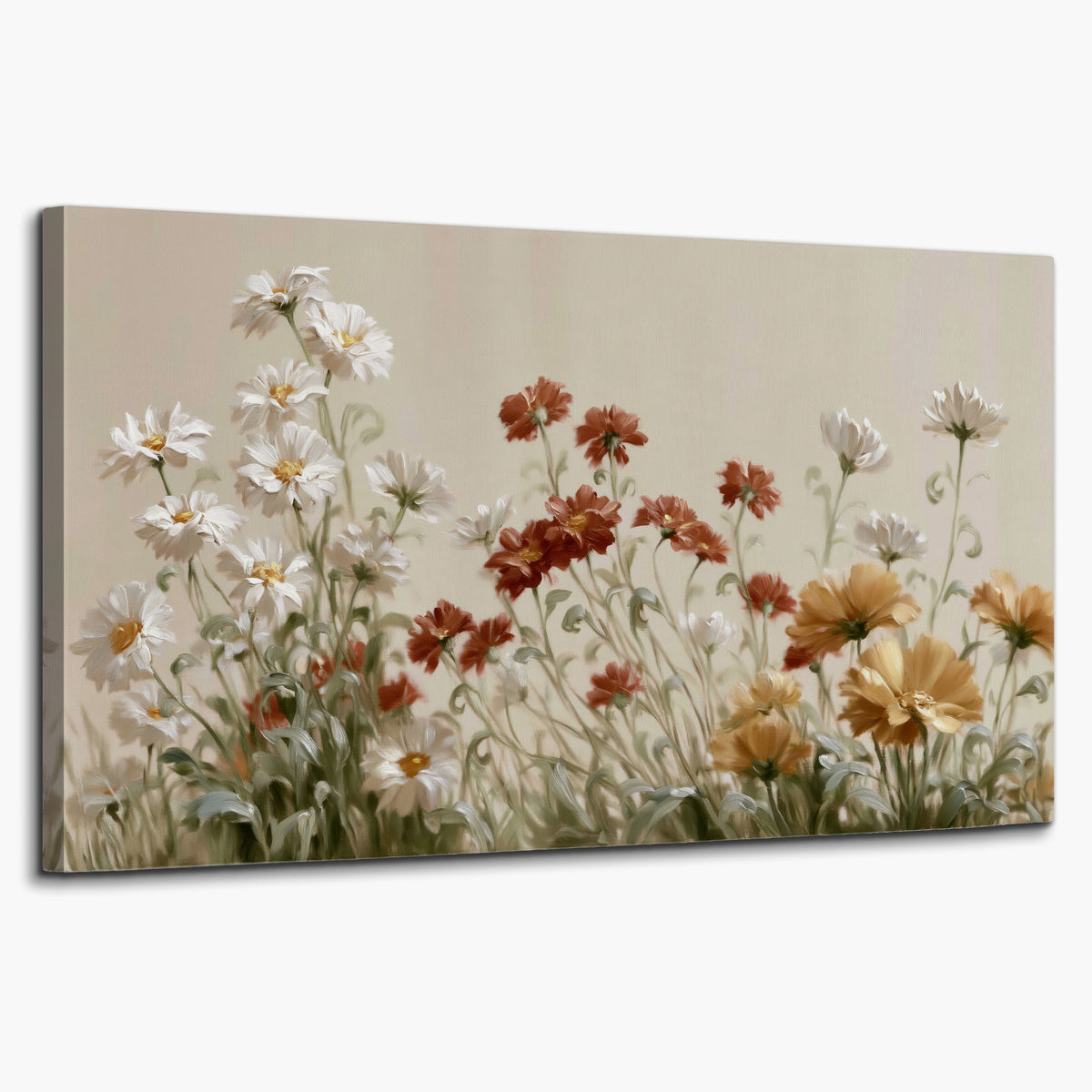 Loose ivory, rust and golden wildflowers on a soft neutral background single canvas wall art on a white background