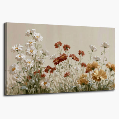 Loose ivory, rust and golden wildflowers on a soft neutral background single canvas wall art on a white background