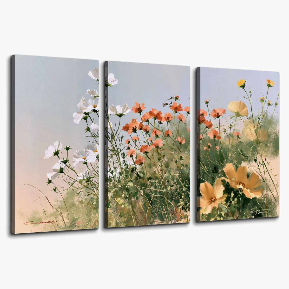 White and orange meadow flowers with fine green stems under a pale sky 3 piece canvas wall art on a white background