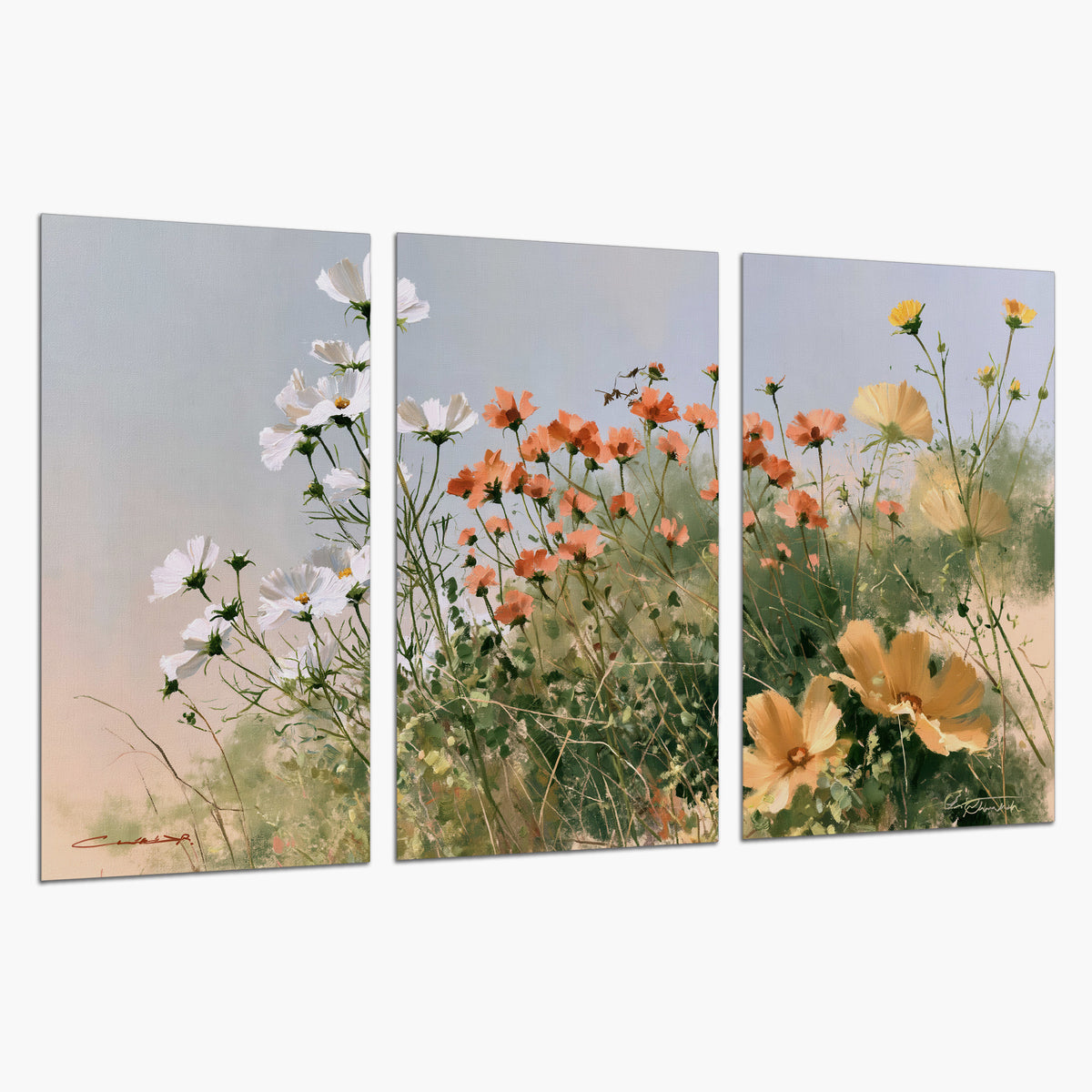 White and orange meadow flowers with fine green stems under a pale sky set of 3 poster prints on a white background
