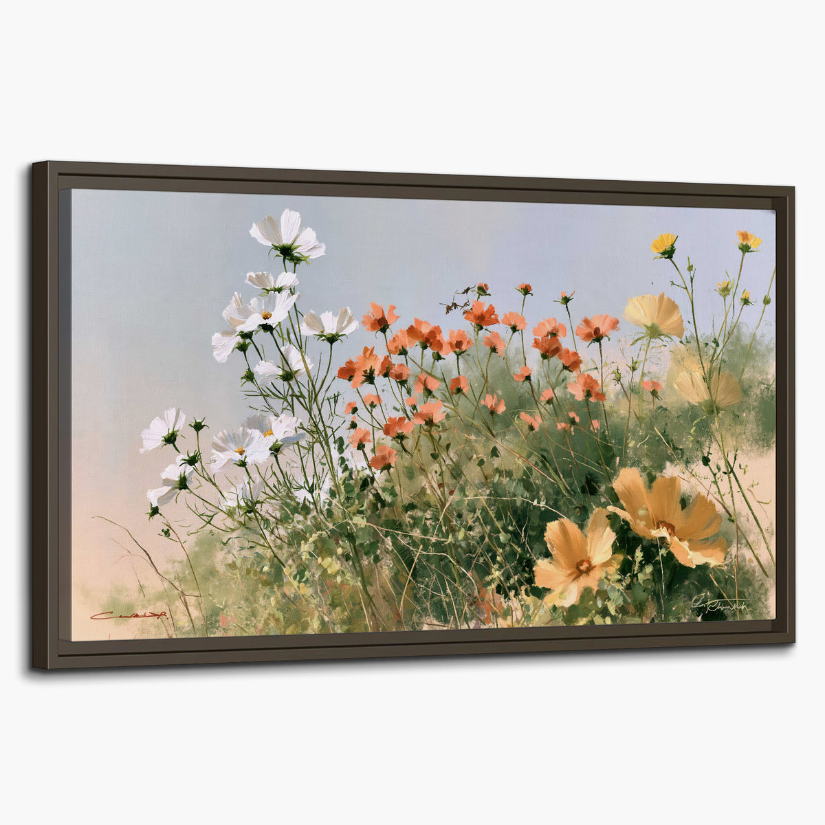 White and orange meadow flowers with fine green stems under a pale sky single framed canvas wall art on a white background