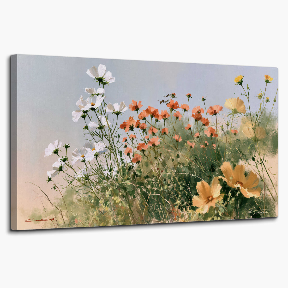 White and orange meadow flowers with fine green stems under a pale sky single canvas wall art on a white background