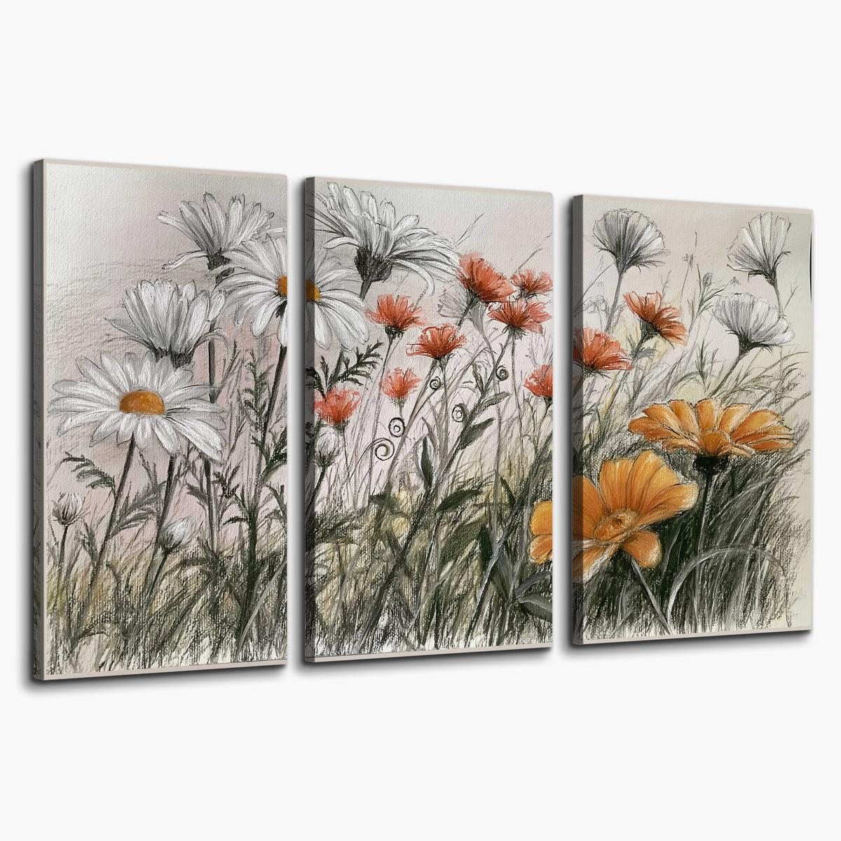 Fine dark stems and white daisies with warm orange accents in a delicate botanical composition 3 piece canvas wall art on a white background
