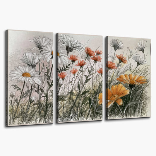 Fine dark stems and white daisies with warm orange accents in a delicate botanical composition 3 piece canvas wall art on a white background