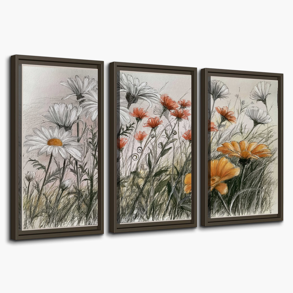 Fine dark stems and white daisies with warm orange accents in a delicate botanical composition 3 piece framed canvas wall art on a white background