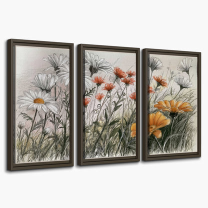 Fine dark stems and white daisies with warm orange accents in a delicate botanical composition 3 piece framed canvas wall art on a white background