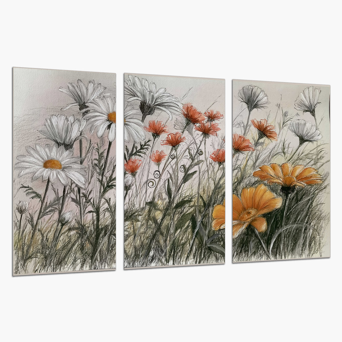 Fine dark stems and white daisies with warm orange accents in a delicate botanical composition set of 3 poster prints on a white background