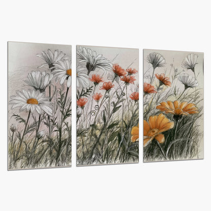 Fine dark stems and white daisies with warm orange accents in a delicate botanical composition set of 3 poster prints on a white background