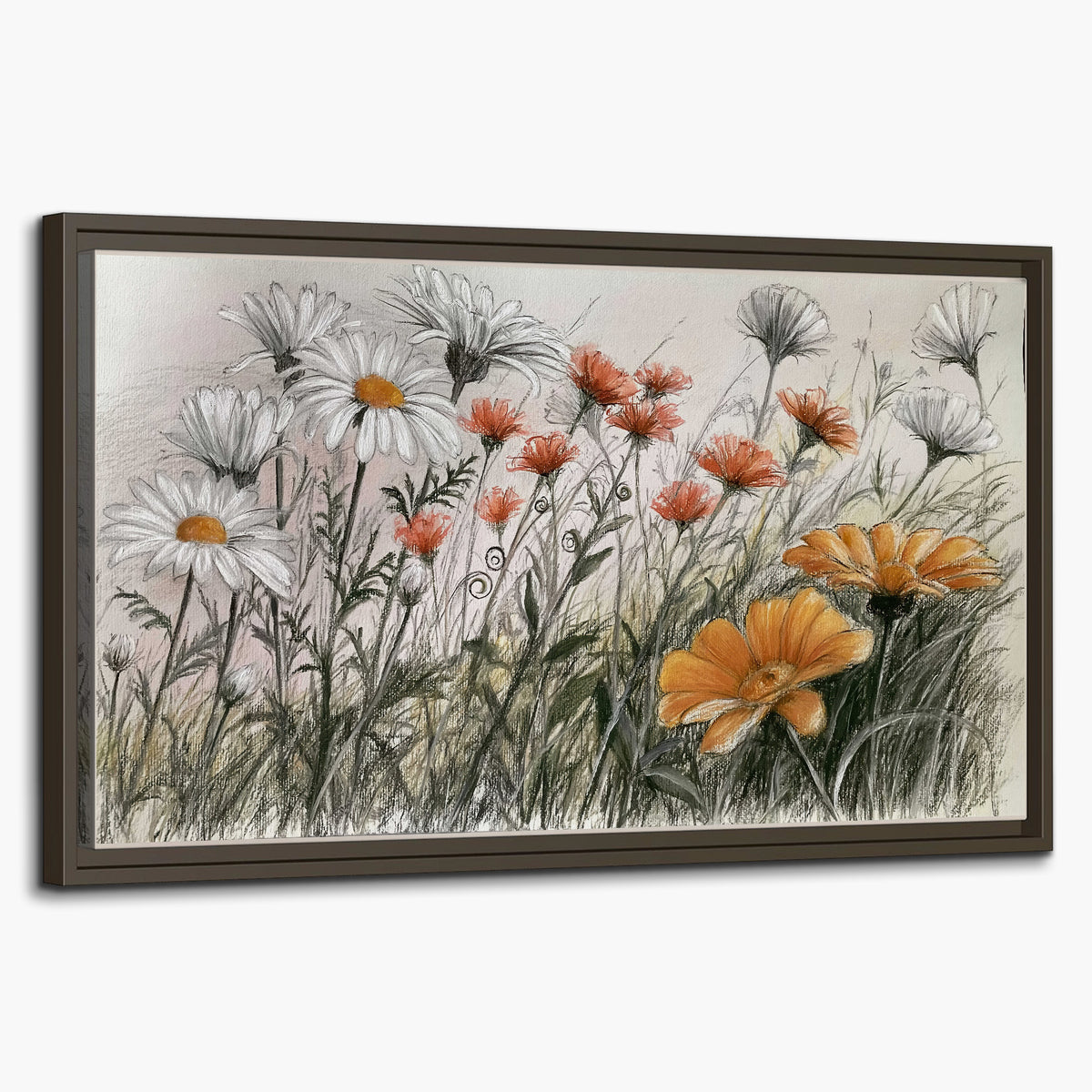Fine dark stems and white daisies with warm orange accents in a delicate botanical composition single framed canvas wall art on a white background