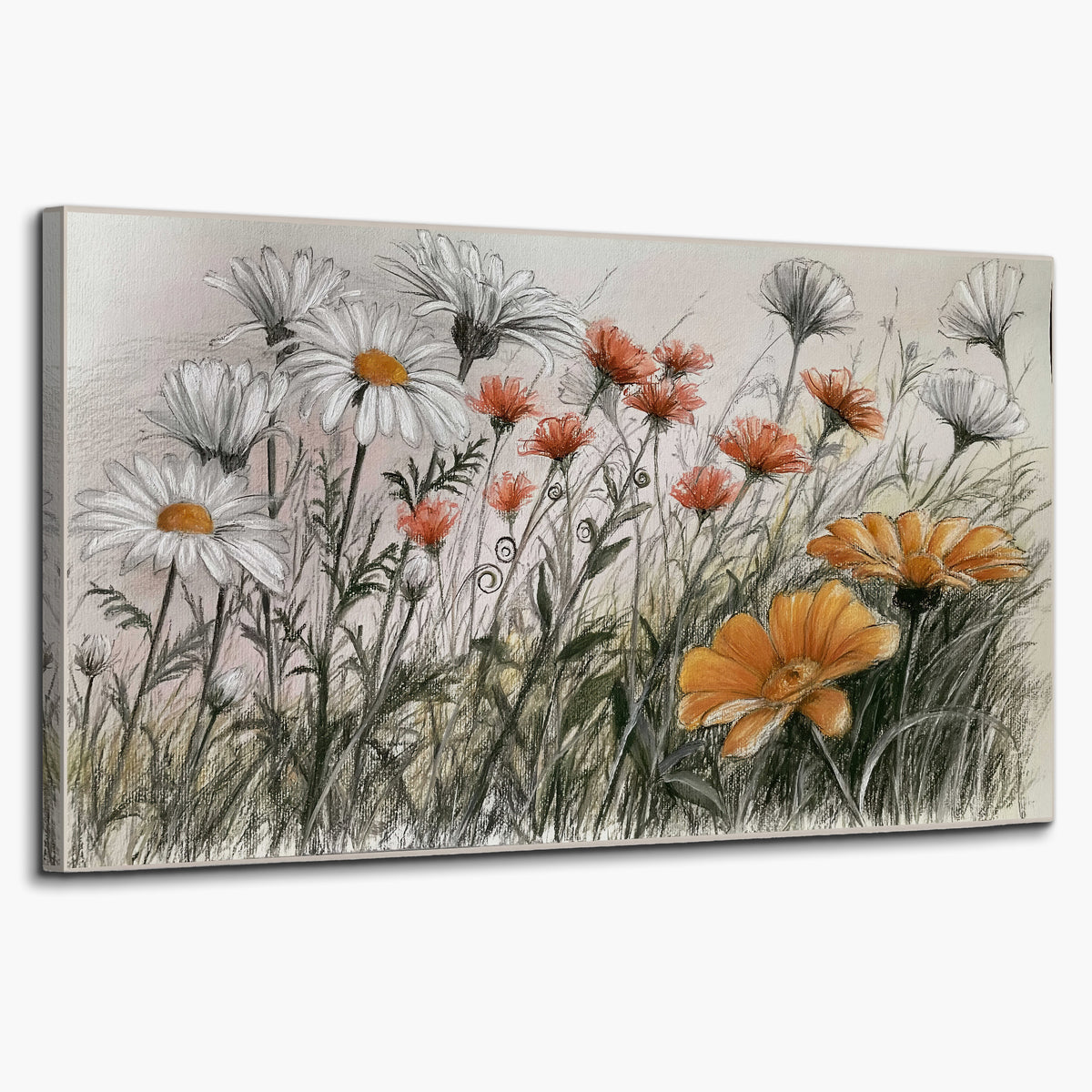 Fine dark stems and white daisies with warm orange accents in a delicate botanical composition single canvas wall art on a white background