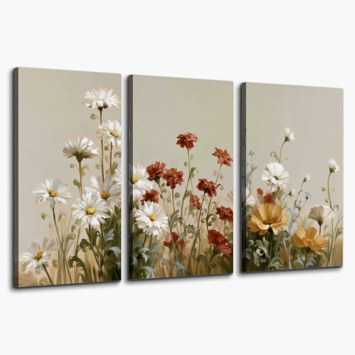 White wildflowers and warm red blossoms rising against a soft beige background 3 piece canvas wall art on a white background