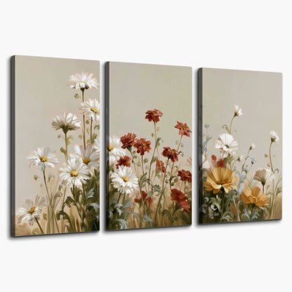 White wildflowers and warm red blossoms rising against a soft beige background 3 piece canvas wall art on a white background