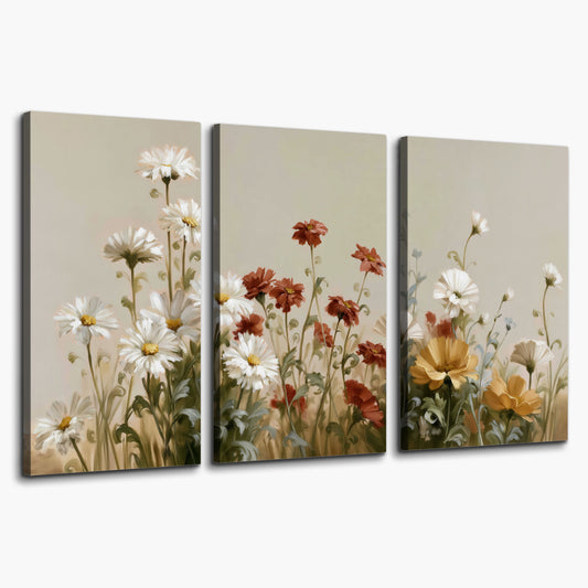 White wildflowers and warm red blossoms rising against a soft beige background 3 piece canvas wall art on a white background