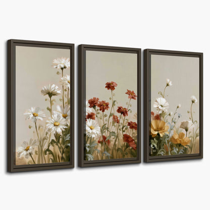 White wildflowers and warm red blossoms rising against a soft beige background 3 piece framed canvas wall art on a white background