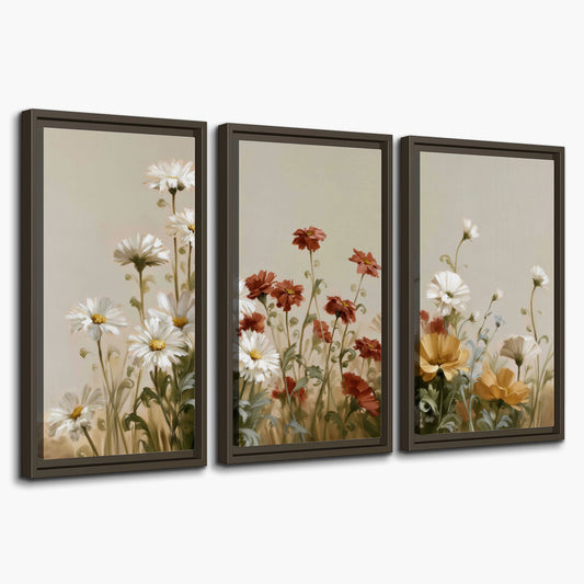 White wildflowers and warm red blossoms rising against a soft beige background 3 piece framed canvas wall art on a white background