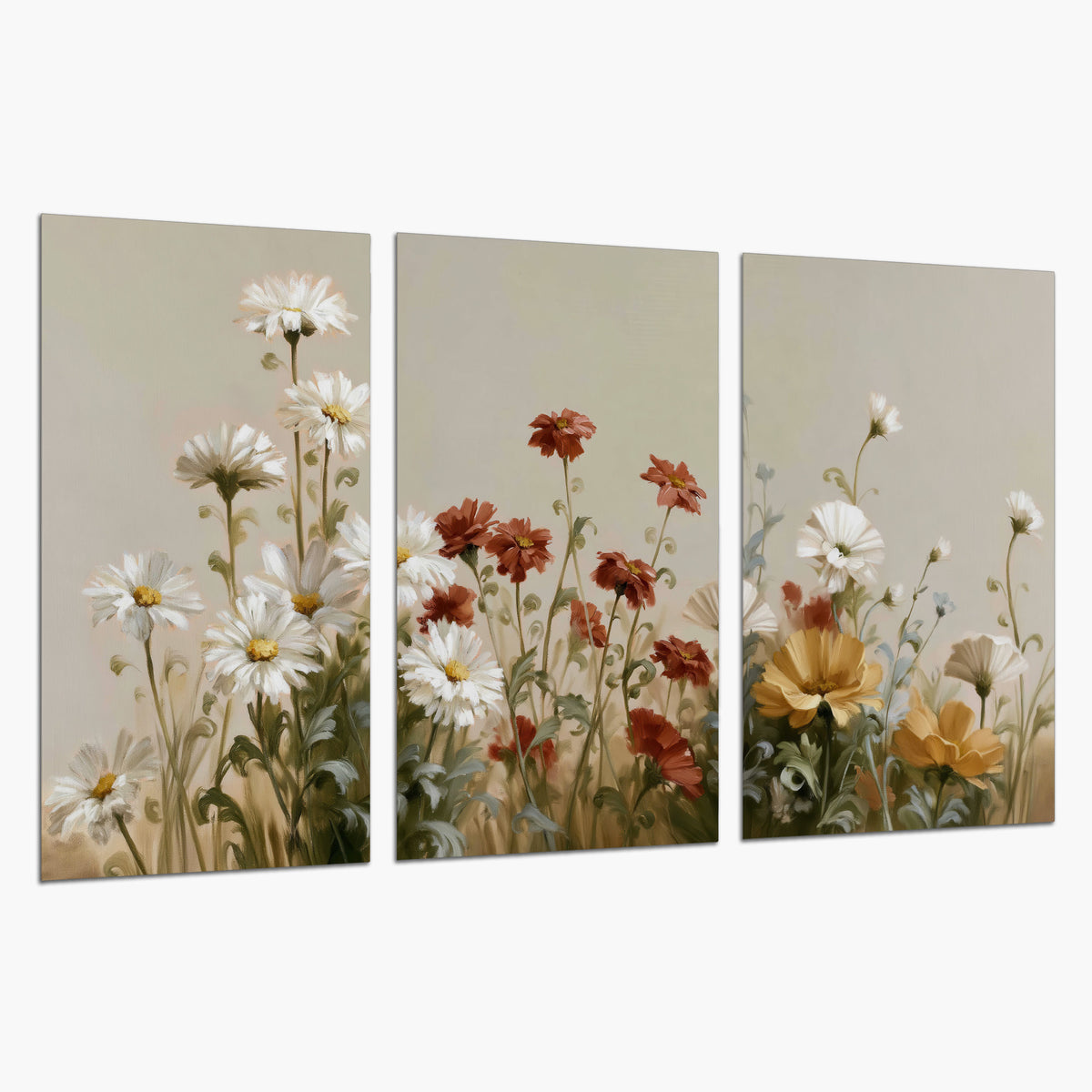 White wildflowers and warm red blossoms rising against a soft beige background set of 3 poster prints on a white background