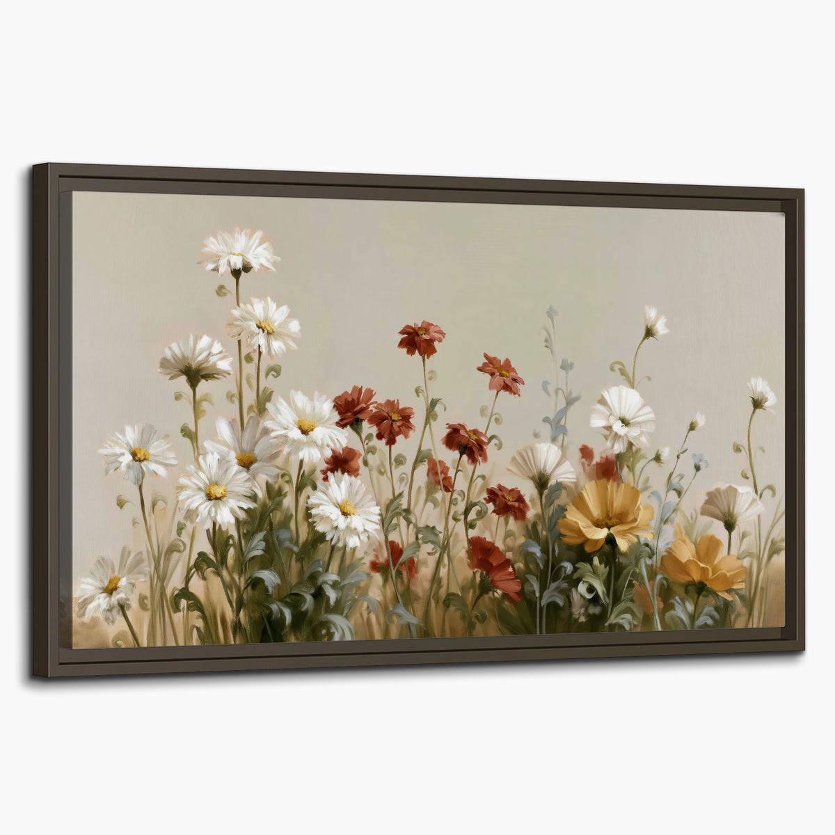 White wildflowers and warm red blossoms rising against a soft beige background single framed canvas wall art on a white background