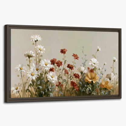 White wildflowers and warm red blossoms rising against a soft beige background single framed canvas wall art on a white background