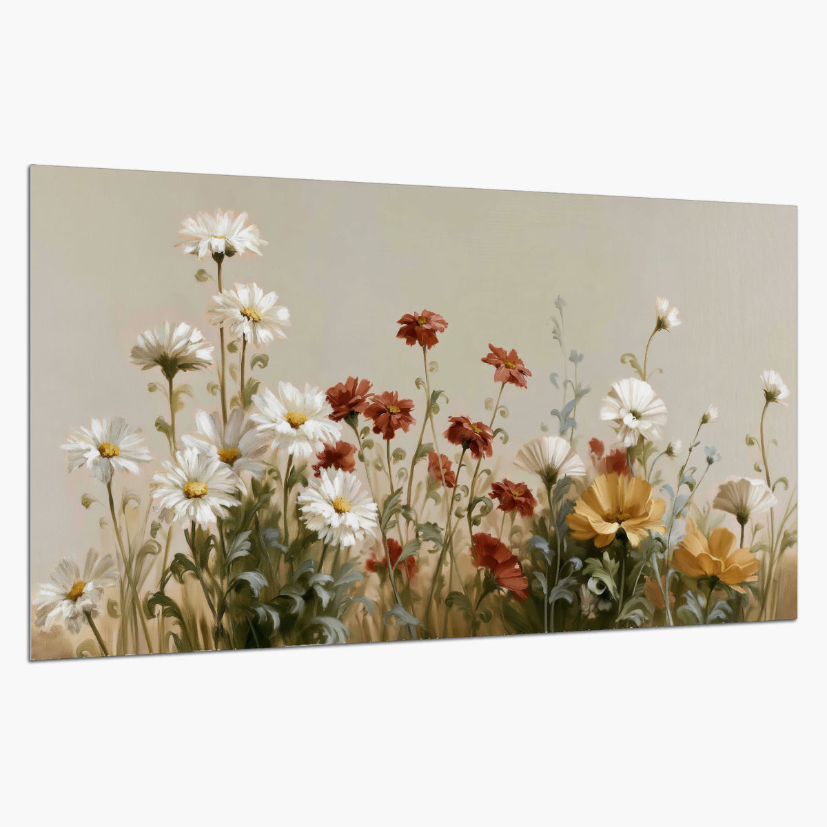 White wildflowers and warm red blossoms rising against a soft beige background single poster print on a white background