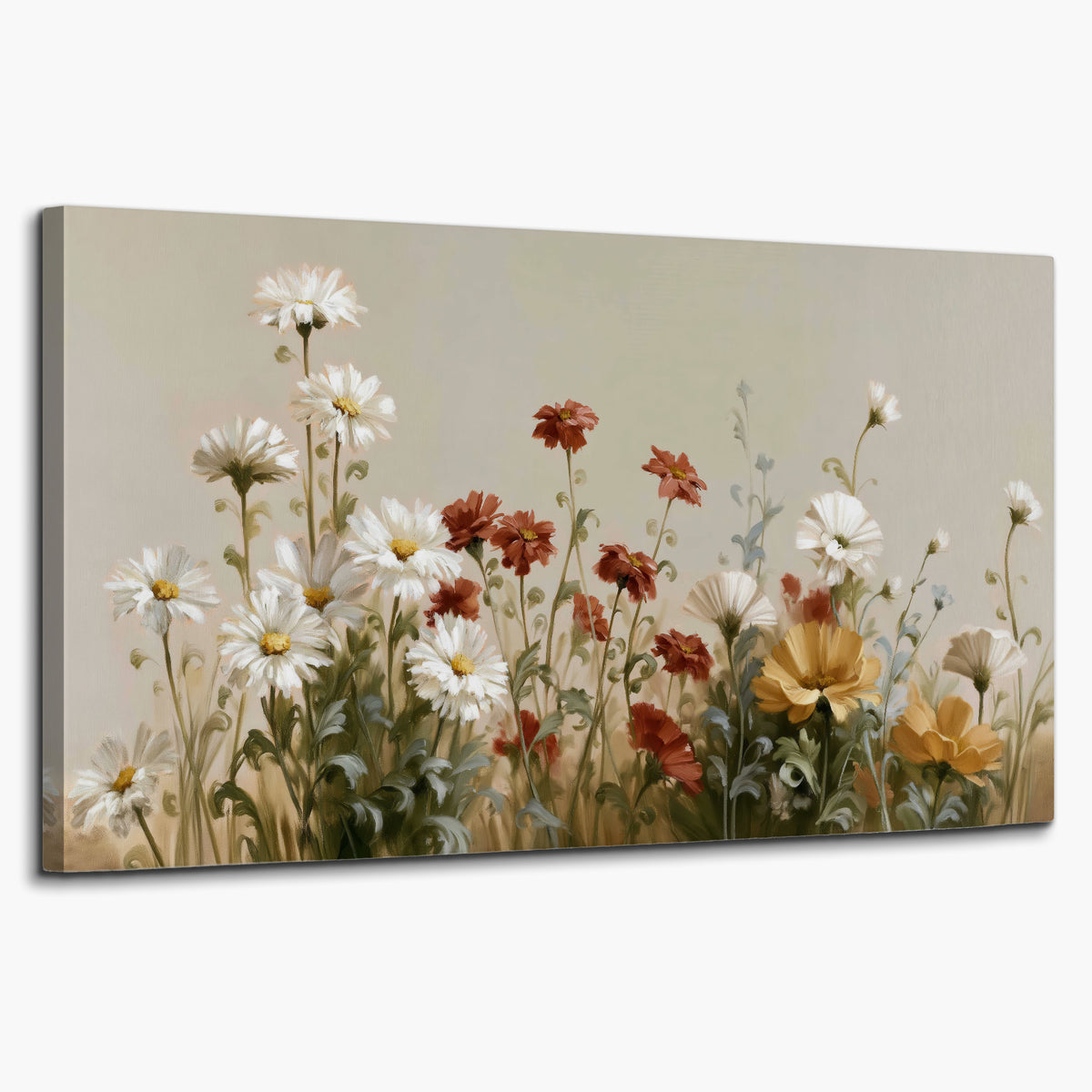 White wildflowers and warm red blossoms rising against a soft beige background single canvas wall art on a white background