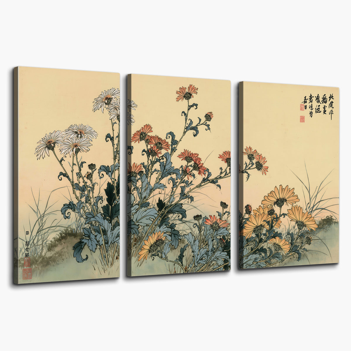 Flowering plants and a butterfly arranged on a warm cream ground with decorative script 3 piece canvas wall art on a white background