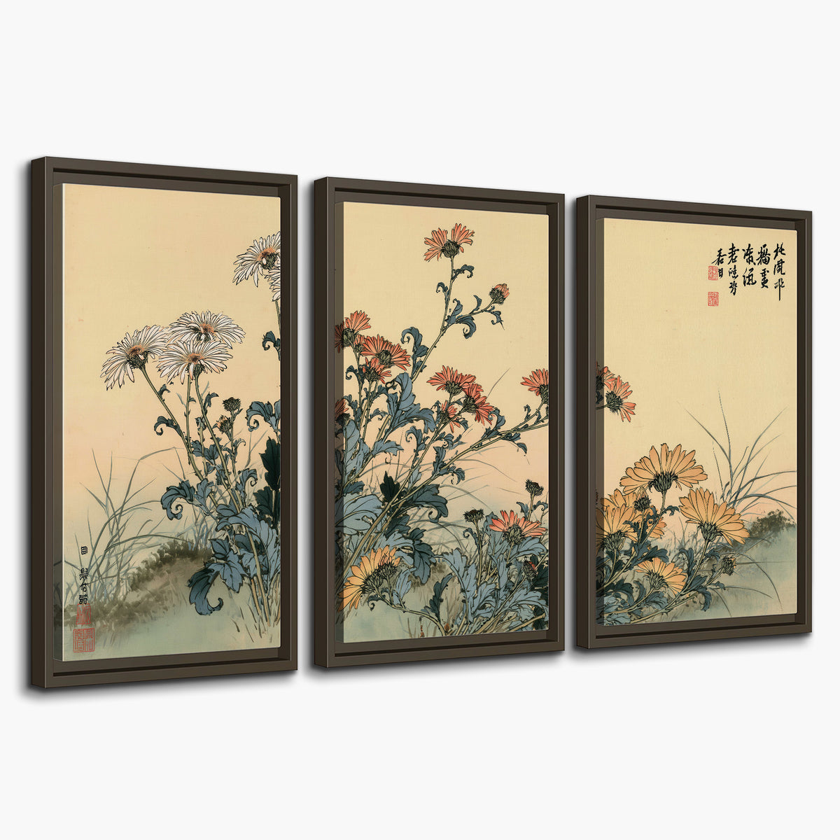 Flowering plants and a butterfly arranged on a warm cream ground with decorative script 3 piece framed canvas wall art on a white background