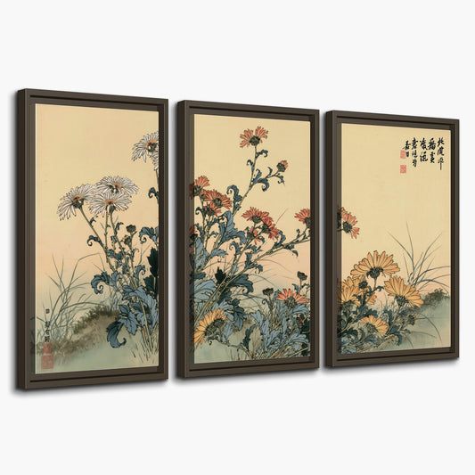 Flowering plants and a butterfly arranged on a warm cream ground with decorative script 3 piece framed canvas wall art on a white background