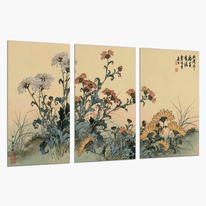 Flowering plants and a butterfly arranged on a warm cream ground with decorative script set of 3 poster prints on a white background