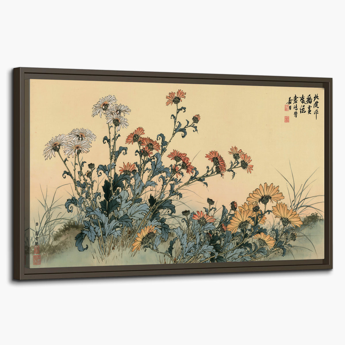 Flowering plants and a butterfly arranged on a warm cream ground with decorative script single framed canvas wall art on a white background