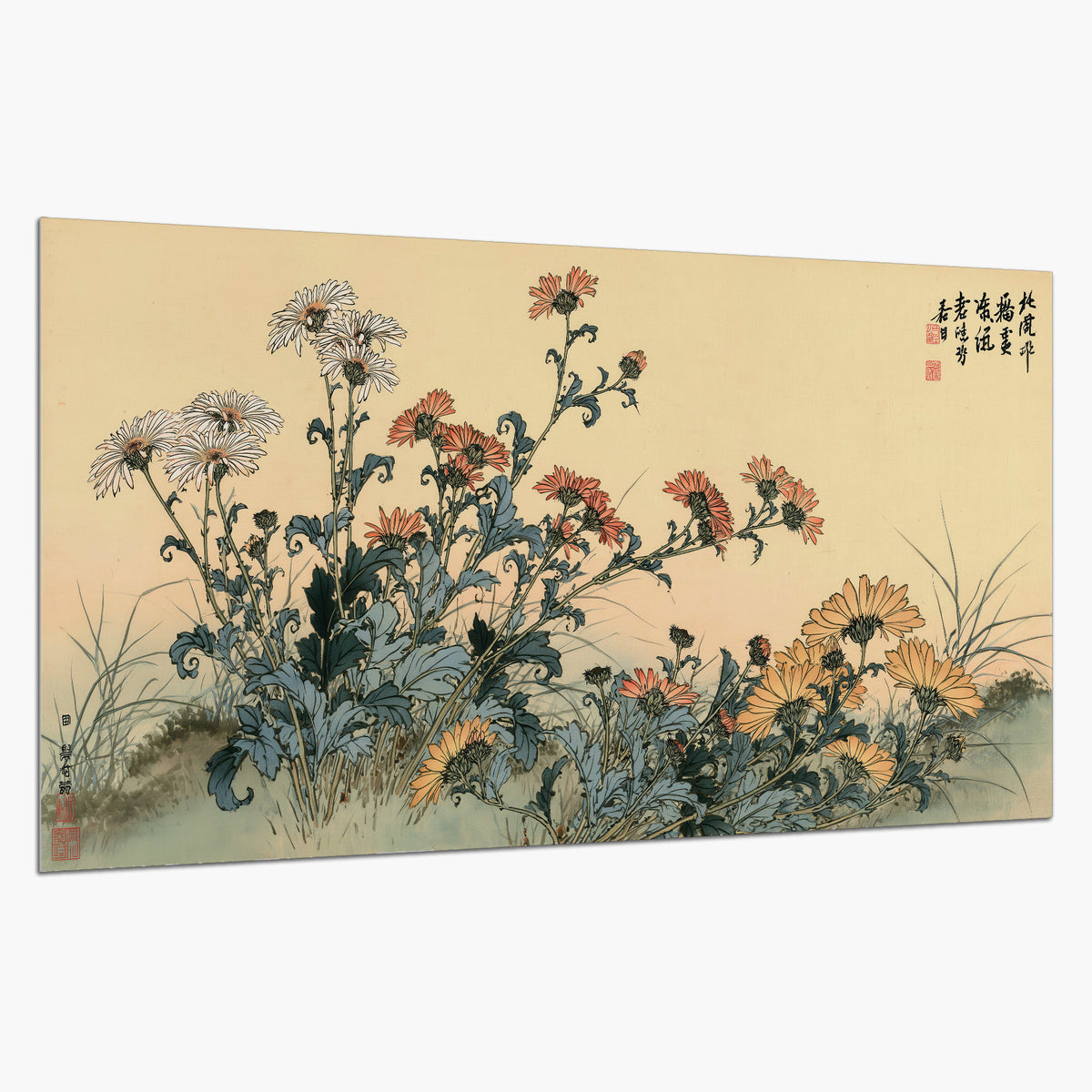 Flowering plants and a butterfly arranged on a warm cream ground with decorative script single poster print on a white background