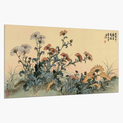 Flowering plants and a butterfly arranged on a warm cream ground with decorative script single poster print on a white background
