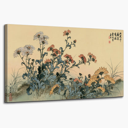 Flowering plants and a butterfly arranged on a warm cream ground with decorative script single canvas wall art on a white background