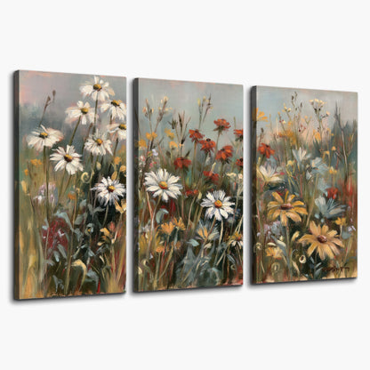 White daisies, rust blooms and long grasses in a softly shadowed meadow 3 piece canvas wall art on a white background