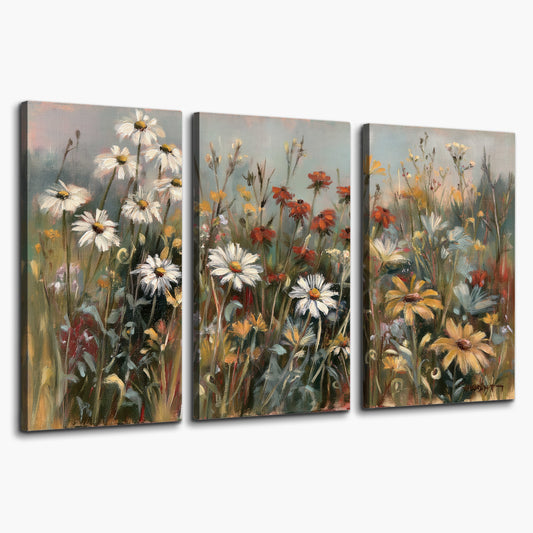 White daisies, rust blooms and long grasses in a softly shadowed meadow 3 piece canvas wall art on a white background