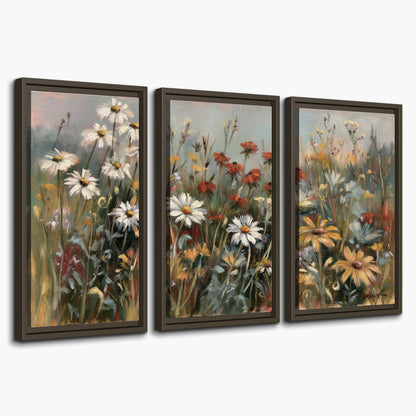 White daisies, rust blooms and long grasses in a softly shadowed meadow 3 piece framed canvas wall art on a white background