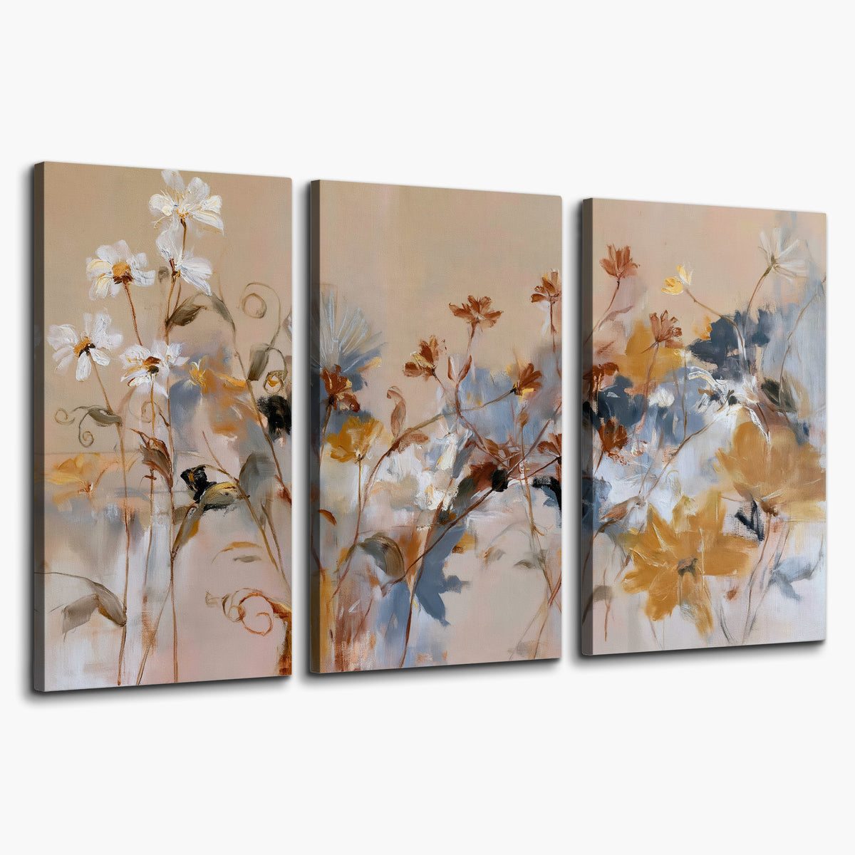 Loose blue and ochre blossoms layered across a warm neutral background 3 piece canvas wall art on a white background