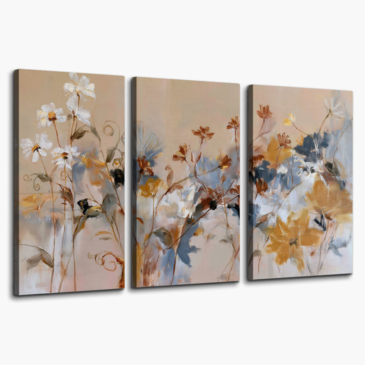 Loose blue and ochre blossoms layered across a warm neutral background 3 piece canvas wall art on a white background