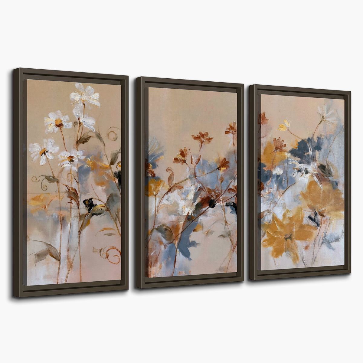 Loose blue and ochre blossoms layered across a warm neutral background 3 piece framed canvas wall art on a white background