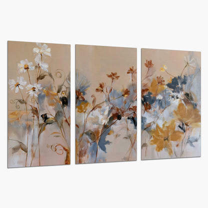 Loose blue and ochre blossoms layered across a warm neutral background set of 3 poster prints on a white background