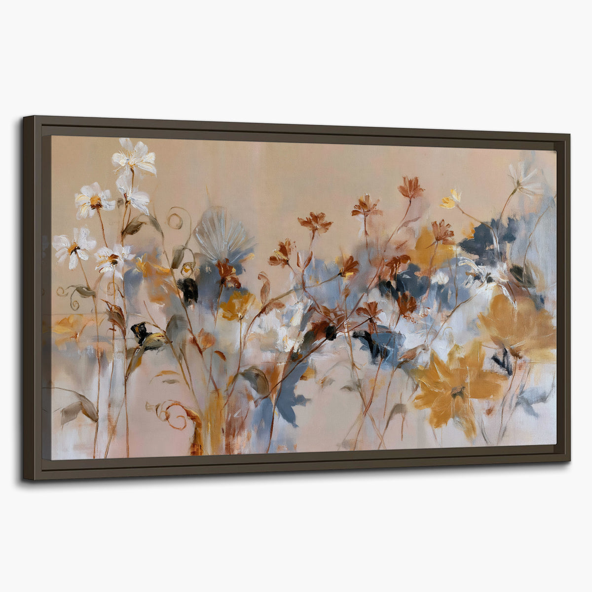 Loose blue and ochre blossoms layered across a warm neutral background single framed canvas wall art on a white background