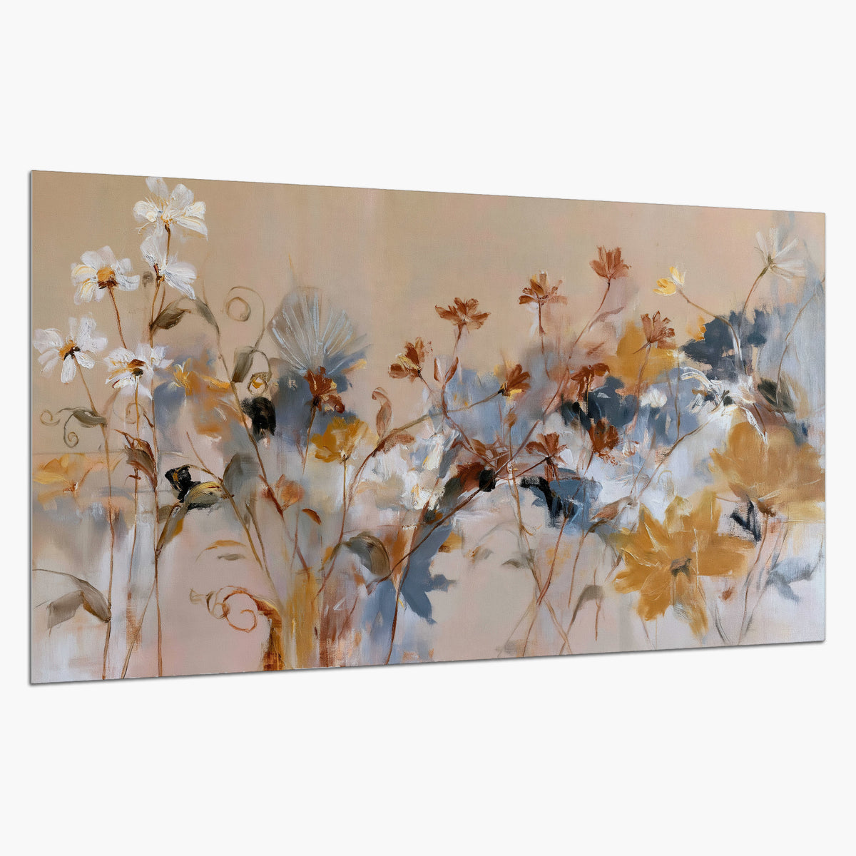 Loose blue and ochre blossoms layered across a warm neutral background single poster print on a white background
