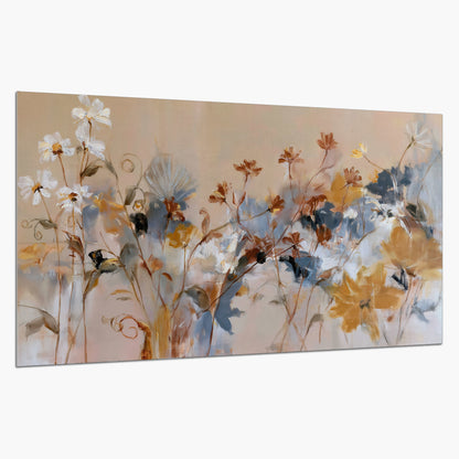 Loose blue and ochre blossoms layered across a warm neutral background single poster print on a white background