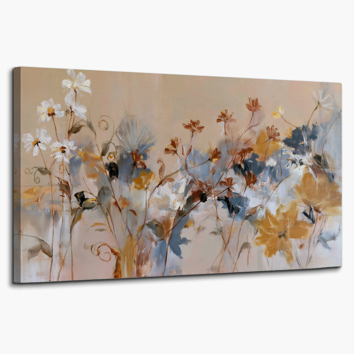 Loose blue and ochre blossoms layered across a warm neutral background single canvas wall art on a white background