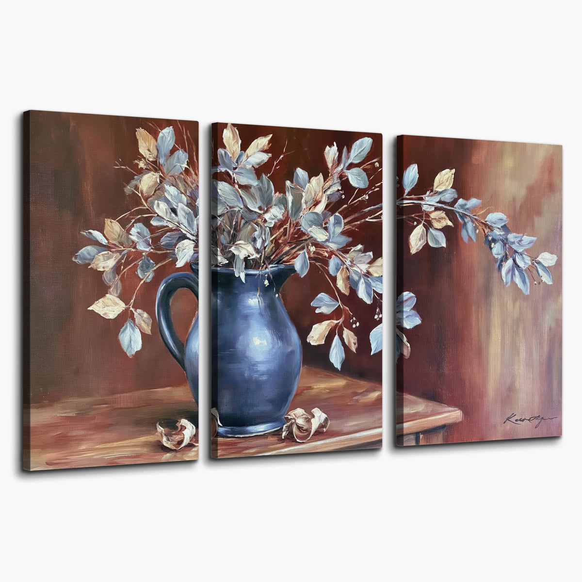 White flowering branches gathered in a deep blue pitcher against a warm rust-colored wall 3 piece canvas wall art on a white background