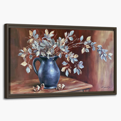 White flowering branches gathered in a deep blue pitcher against a warm rust-colored wall single framed canvas wall art on a white background