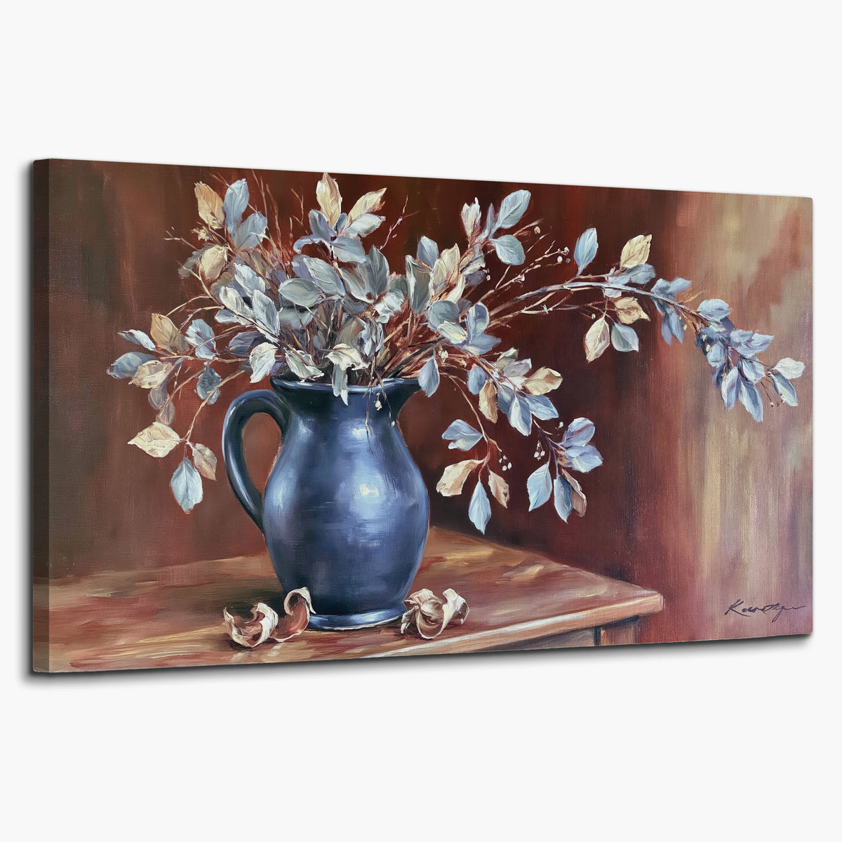 White flowering branches gathered in a deep blue pitcher against a warm rust-colored wall single canvas wall art on a white background