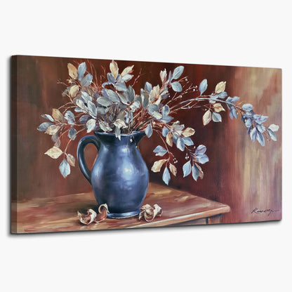 White flowering branches gathered in a deep blue pitcher against a warm rust-colored wall single canvas wall art on a white background