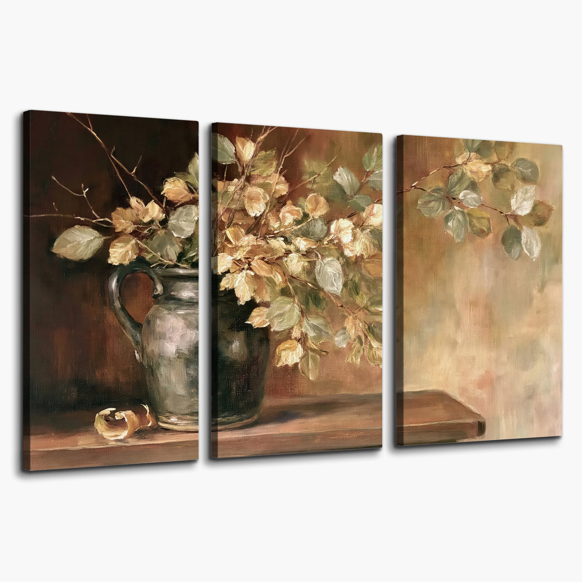 Pale golden blossoms and leaves in a dark green vase on a wooden ledge 3 piece canvas wall art on a white background